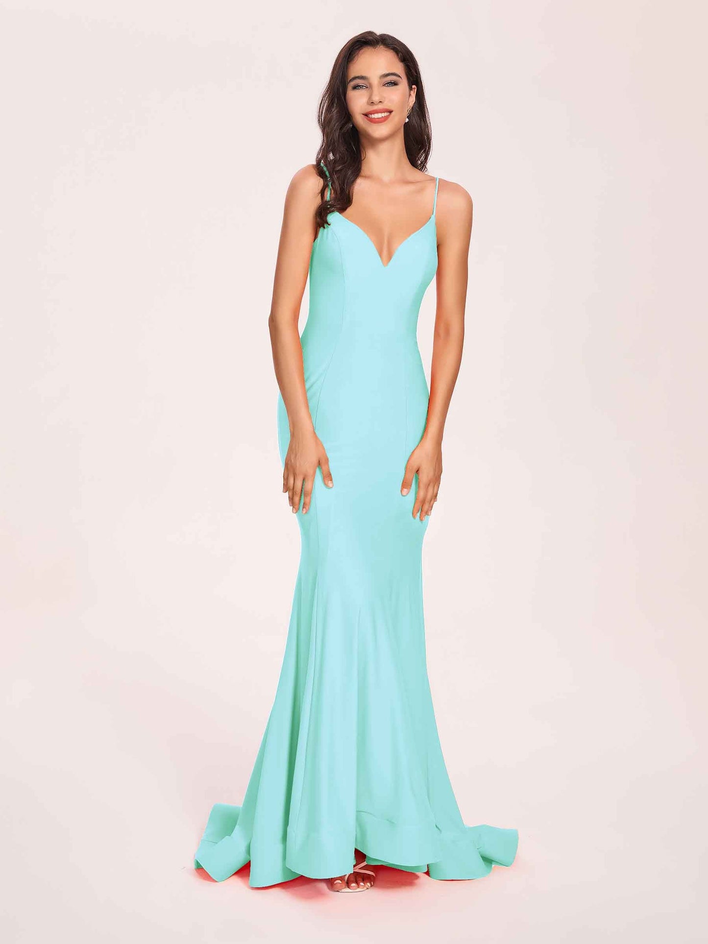 Sexy Satin Mermaid Prom Dresses Spaghetti Straps V-neck Floor Length Lace-up Back