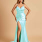 Satin Mermaid V-neck Bridesmaid Dresses Spaghetti Straps Side Slit Floor Length