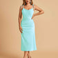 Sexy Satin Midi Prom Dresses Spaghetti Straps Slip Scoop Side Slit
