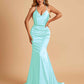 Sexy Satin Mermaid Prom Dresses Spaghetti Straps V-neck Pleats Floor Length