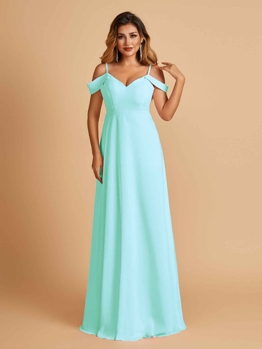 Chiffon Off-shoulder Long Bridesmaid Dresses V-neck Floor Length A-line