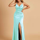 Sexy Satin Sheath Bridesmaid Dresses Spaghetti Straps V-neck Side Slit Pleats Floor Length