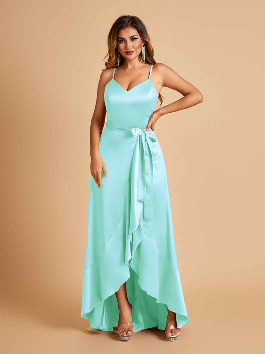 Satin Asymmetric V-neck Prom Dresses Sleeveless Side Slit A-line Unique
