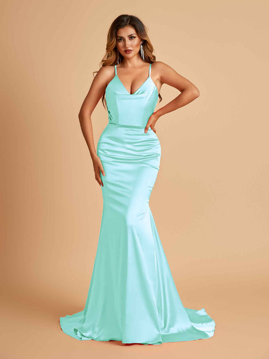 Sexy Satin Mermaid Bridesmaid Dresses Spaghetti Straps V-neck Pleats Floor Length