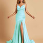 Sexy Satin Mermaid Open Back Prom Dresses Spaghetti Straps V-neck Side Slit