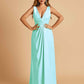 Sexy Satin Deep V-neck Long Bridesmaid Dresses A-line Pleats Sleeveless Floor Length