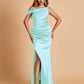 Unique Satin One Shoulder Prom Dresses Side Slit Half Open Back Floor Length