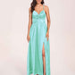 Satin Spaghetti Straps A-line Bridesmaid Dresses Side Slit Floor Length