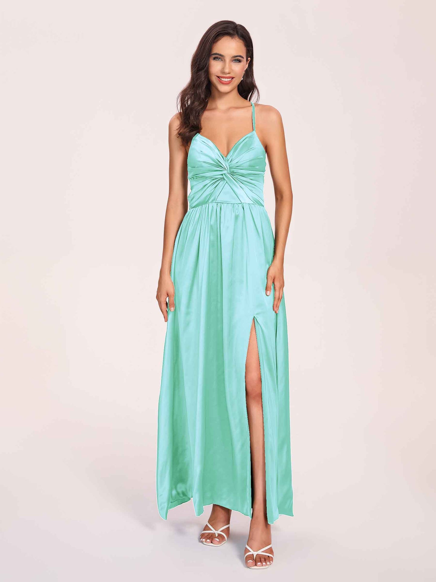 Satin Spaghetti Straps A-line Bridesmaid Dresses Side Slit Floor Length