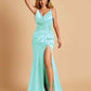 Sexy Satin Mermaid Prom Dresses Spaghetti Straps V-neck Side Slit Half Open Back