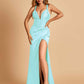 Sexy Sweetheart Sheath Prom Dresses Spaghetti Straps Satin Side Slit Pleats Floor Length