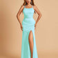 Satin Mermaid Long Bridesmaid Dresses Spaghetti Straps Scoop Side Slit Criss-cross Back