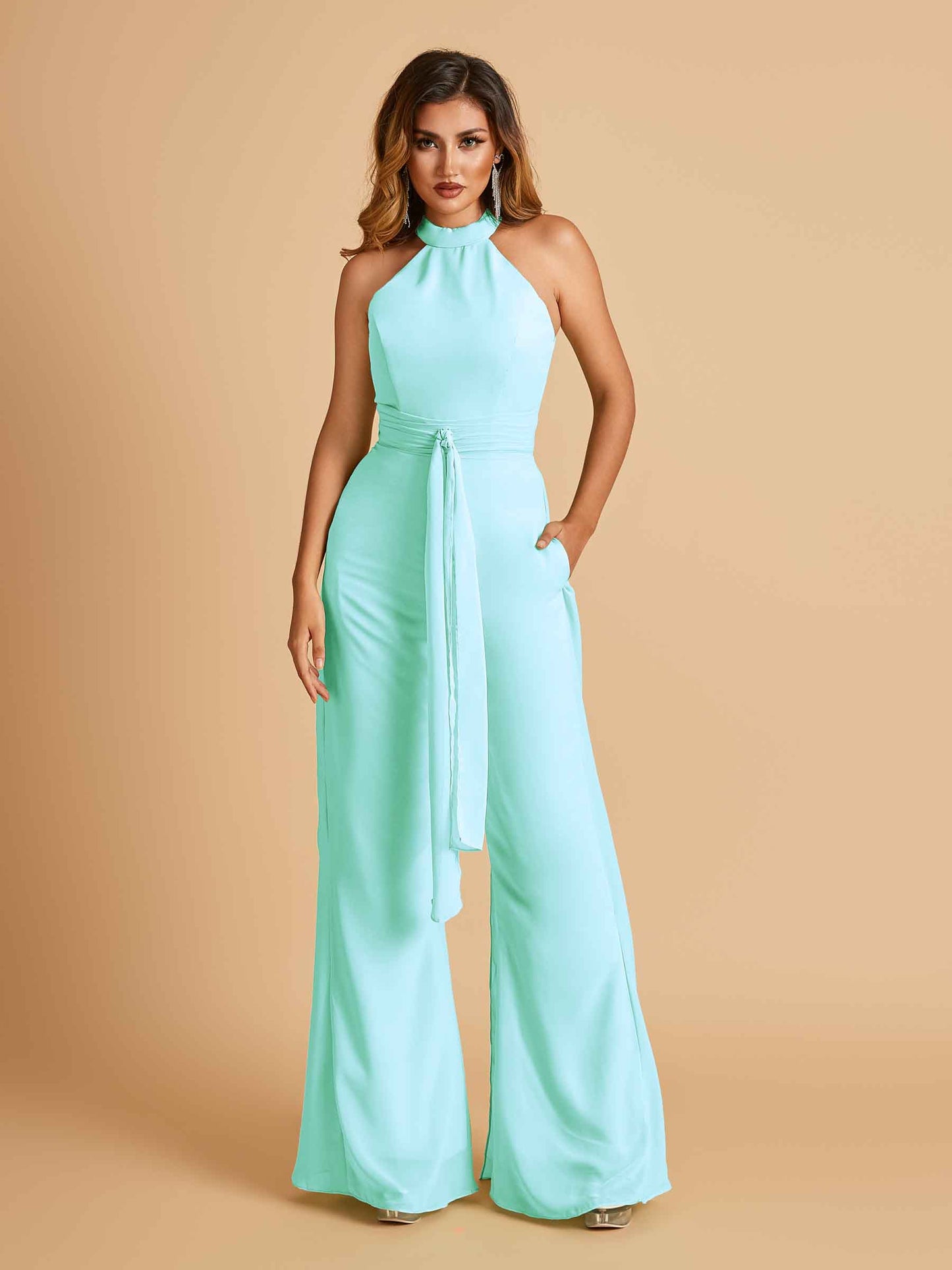 Chiffon Bridesmaid Jumpsuit Jewel Neck Sleeveless Floor Length With Pockets