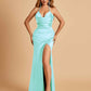 Sexy Satin Halter Straps Sheath Prom Dresses Side Slit Pleats Floor Length