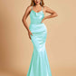 Satin Mermaid Open Back Bridesmaid Dresses Spaghetti Straps Scoop Floor Length