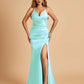 Sexy Satin Mermaid Long Prom Dresses Spaghetti Straps Sweetheart Side Slit Criss-cross Back