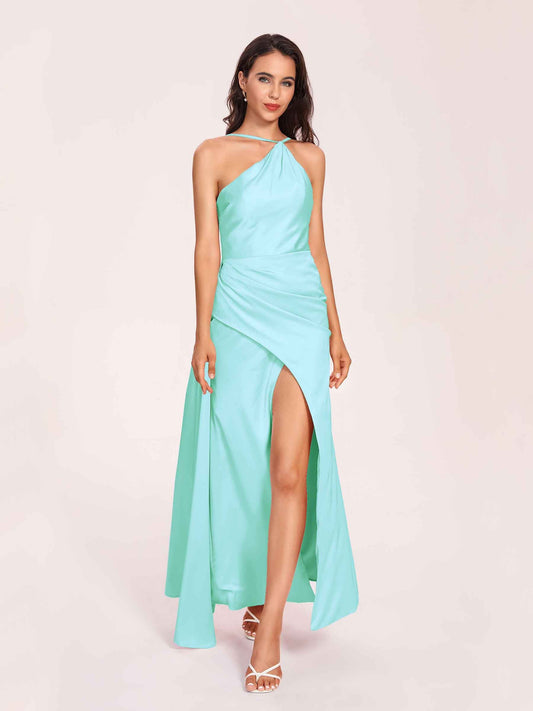Sexy Satin Halter Strap Sheath Prom Dresses Side Slit Pleats Floor Length