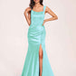 Sexy Satin Square Mermaid Bridesmaid Dresses Pleats Side-Slit Floor-Length Sleeveless
