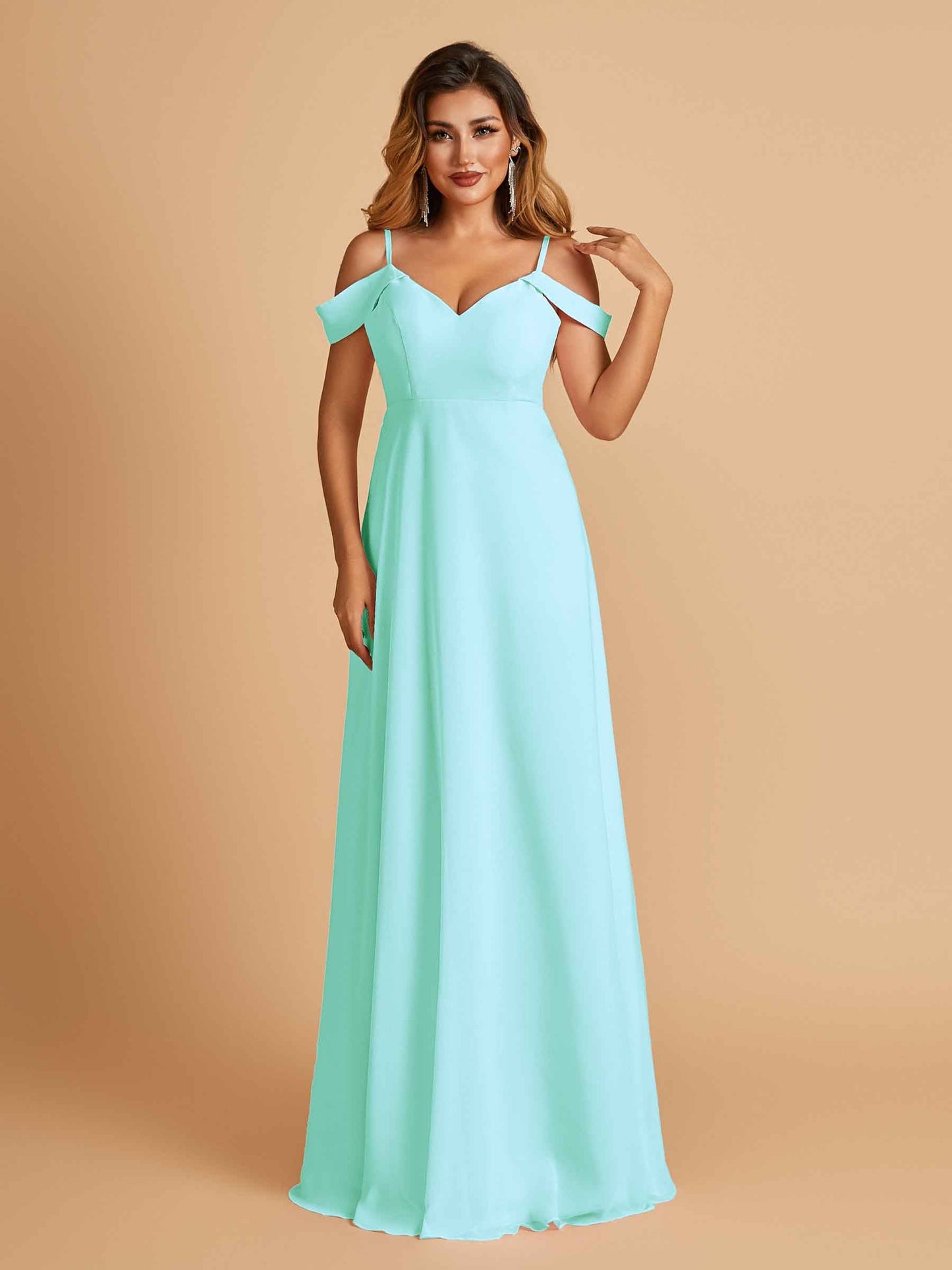 Chiffon Off-shoulder Long Bridesmaid Dresses V-neck Floor Length A-line For Sale