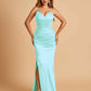 Satin Mermaid Long Bridesmaid Dresses Spaghetti Straps V-neck Side Slit Floor Length