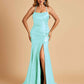 Sexy Satin Mermaid Prom Dresses Spaghetti Straps Scoop Side Slit Criss-cross Back