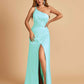 Satin One Shoulder Sheath Prom Dresses Spaghetti Straps Side Slit Floor Length