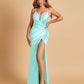 Sexy Satin Spaghetti Straps Prom Dresses V-neck Side Slit Pleats Floor Length Sheath