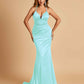 Satin Mermaid Open-back Prom Dresses Spaghetti Straps V-neck With Pleats Floor Length