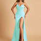 Sexy Satin Mermaid Prom Dresses Spaghetti Straps Sweetheart Side Slit Criss-cross Back