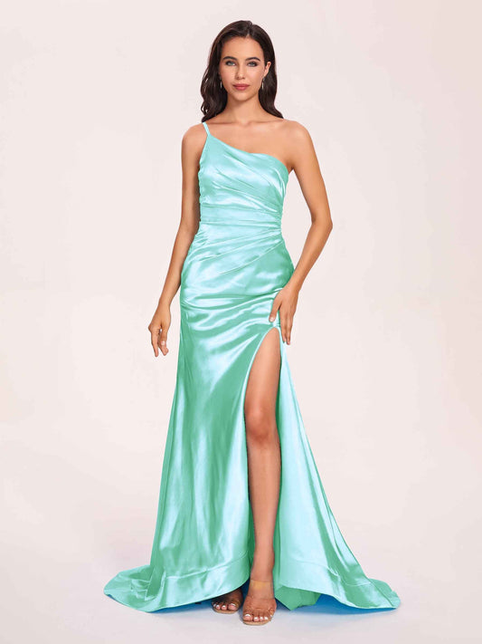 Satin One-shoulder Mermaid Prom Dresses Side Slit Pleats Floor Length