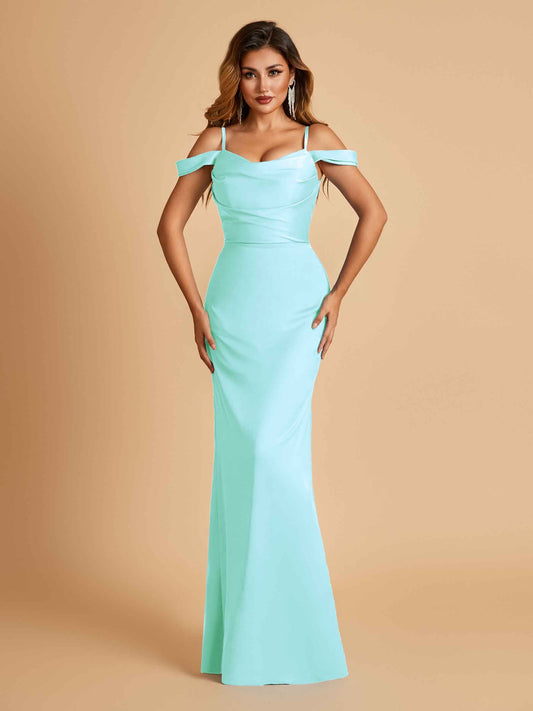 Sexy Off Shoulder Mermaid Long Prom Dresses Satin Spaghetti Straps Floor Length