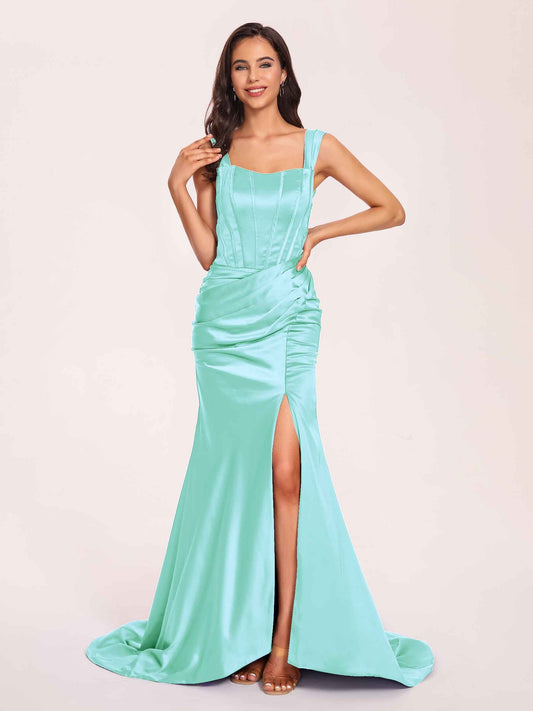 Sexy Satin Square Mermaid Prom Dresses Pleats Side-Slit Floor-Length Sleeveless