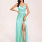 Sexy Satin A-line Prom Dresses Spaghetti Straps Side Slit V-neck Floor Length