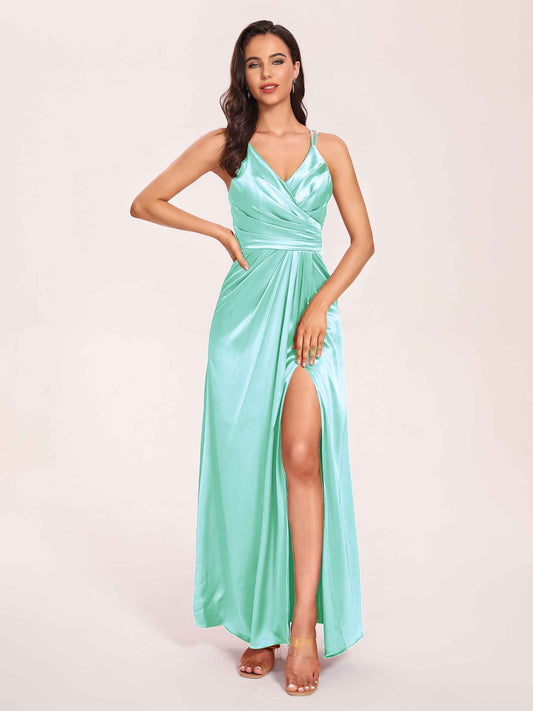 Sexy Satin A-line Prom Dresses Spaghetti Straps Side Slit V-neck Floor Length