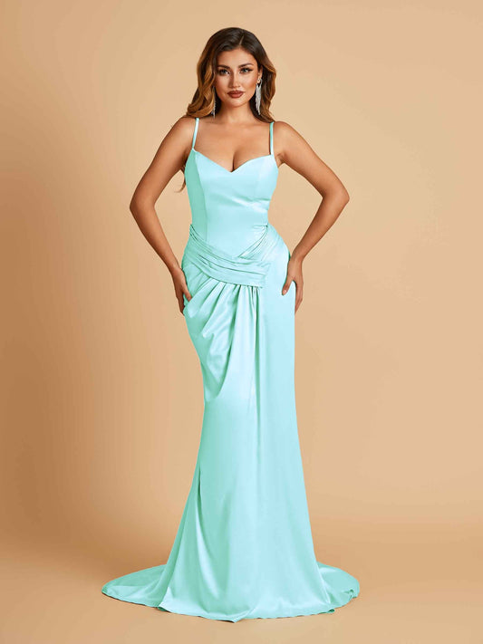 Satin Mermaid Sweetheart Prom Dresses Spaghetti Straps With Pleats Floor Length
