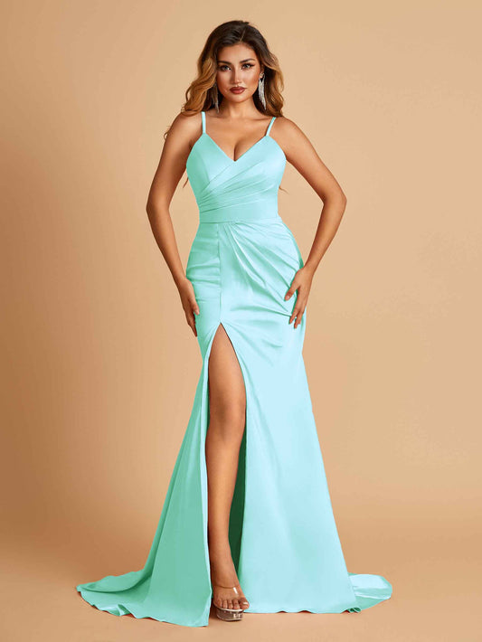Sexy Mermaid Bridesmaid Dresses Spaghetti Straps Satin Side Slit Pleats Floor Length