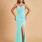 Sexy Satin Mermaid Bridesmaid Dresses Spaghetti Straps V-neck Side Slit Floor Length
