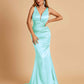 Sexy Satin Criss-cross Back Prom Dresses Mermaid Deep V-neck Back Pleats Floor Length