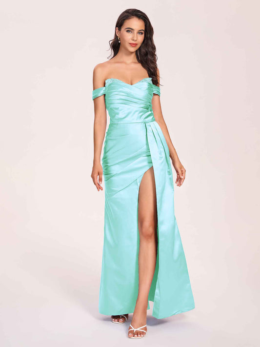 Elegant Satin Off Shoulder Bridesmaid Dresses Side-slit Sweetheart Floor Length Sheath