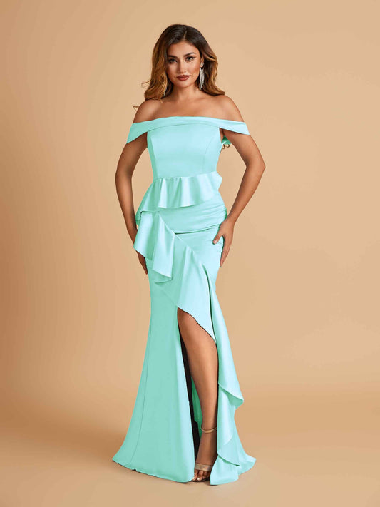 Satin Mermaid Off Shoulder Prom Dresses With Ruffles Side Slit Floor Length