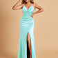 Sexy Satin Sheath Bridesmaid Dresses Spaghetti Straps V-neck Side Slit Pleats Floor Length For Sale
