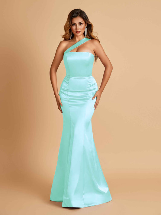 Sexy Satin Mermaid Prom Dresses One Shoulder Floor Length
