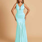Satin Deep V-neck Mermaid Bridesmaid Dresses Half Open Back Floor Length
