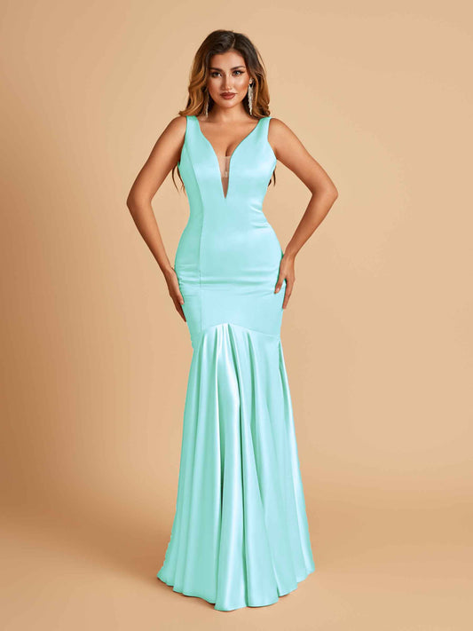 Satin Deep V-neck Mermaid Bridesmaid Dresses Half Open Back Floor Length