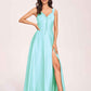 Satin V-neck A-line Prom Dresses Side slit Floor Length