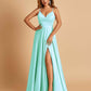 Satin A-line Long Prom Dresses Spaghetti Straps V-neck Side Slit Floor Length