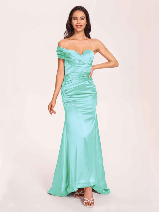 Satin One-shoulder Prom Dresses Pleats Floor Length Mermaid Long