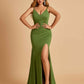 Jersey Mermaid Bridesmaid Dresses Spaghetti Straps V-neck Side Slit Pleats Floor Length