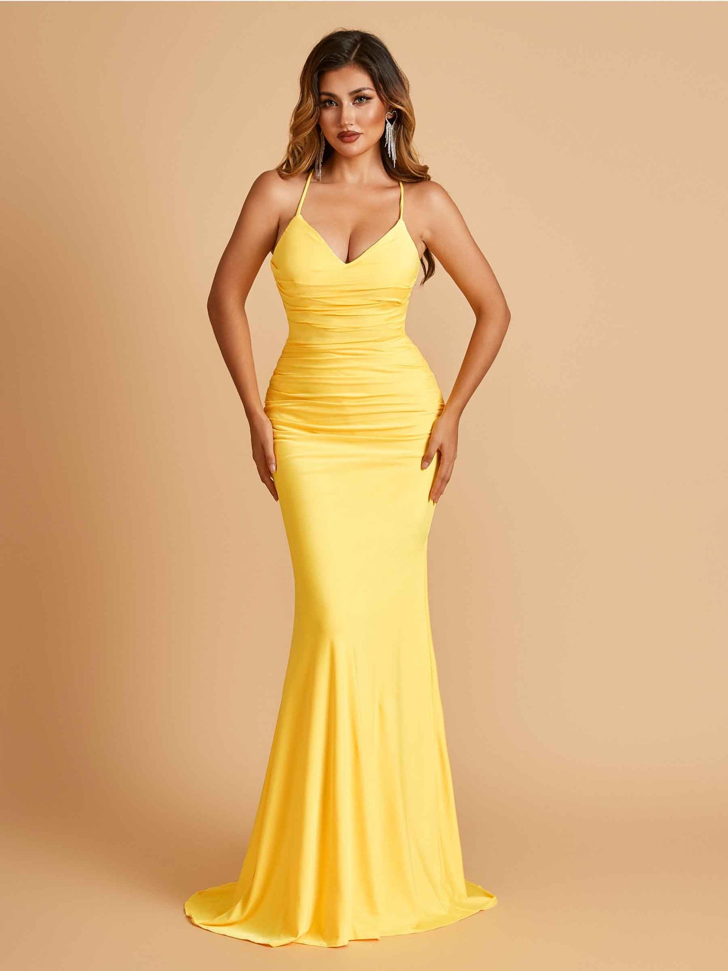 Kiarelys Jersey Spaghetti Straps Prom Dresses V-neck Mermaid Criss-cross Back Floor Length Evening Dresses Online, Yellow Kiarelys Jersey Spaghetti Straps Prom Dresses V-neck Mermaid Criss-cross Back Floor Length Evening Dresses Online, Yellow