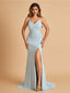 Sexy Jersey Mermaid Bridesmaid Dresses Spaghetti Straps V-neck Criss Cross Side Slit Floor Length